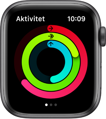 Aktivitet-skjermen, med tre ringer – Bevegelse, Trening og Oppreist.