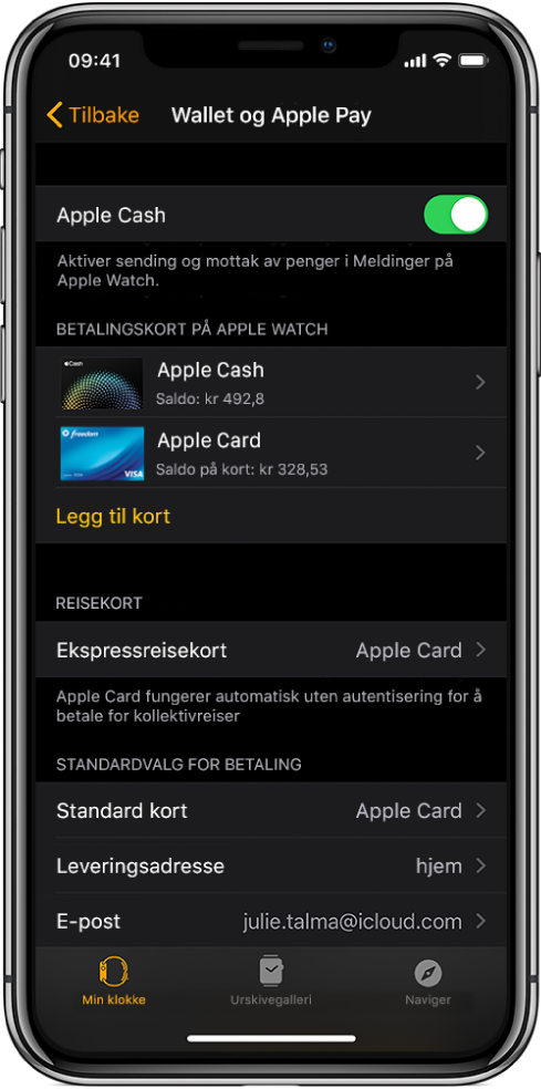 Wallet og Apple Pay-skjermen i Apple Watch-appen på iPhone. Skjermen viser kort som er lagt til på Apple Watch, kortet du har valgt å bruke for ekspressreise, og innstillinger for standardvalg for betaling.