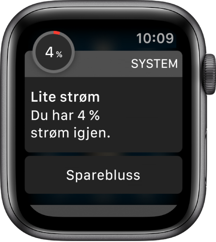 Varselet om lavt batterinivå har en knapp du kan trykke på for å aktivere Sparebluss-modus.