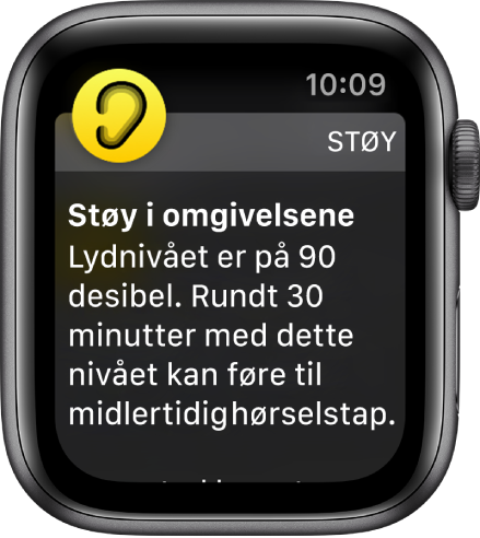 Støy-skjermen som viser et desibelnivå på 100 dB. Under vises en advarsel om langvarig eksponering for lyder ved dette nivået.