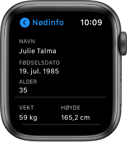 Nødinfo-skjermen som viser brukerens navn, fødselsdato, alder, vekt og høyde.