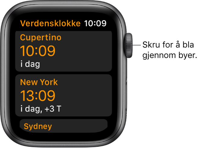 Verdensklokke-appen med liste over byer og rullefelt.