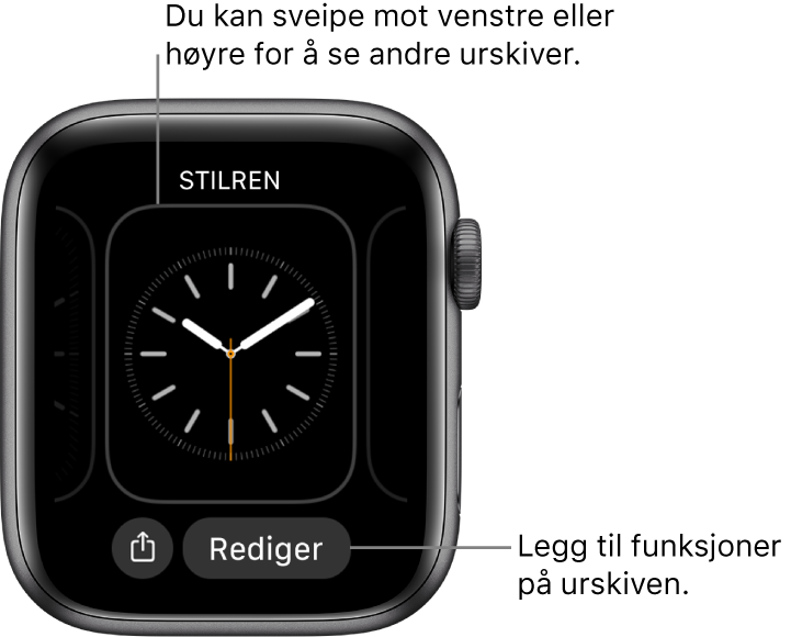 Når du trykker og holder på urskiven, ser du den gjeldende urskiven med Del- og Rediger-knapper nederst. Du kan sveipe til venstre eller høyre for å se andre urskivealternativer. Trykk på en komplikasjon for å legge til funksjonene du vil ha.