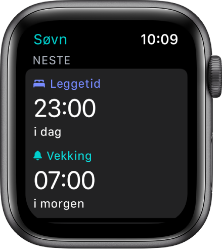 Søvn-skjermen som viser kveldens søvnplan. Leggetid, nesten øverst, er satt til 23:00. Under er en vekketid på 07:00.