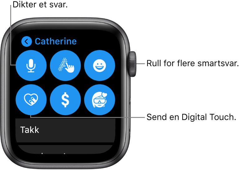 Svarskjermen viser knappene Dikter, Skrible, Emoji, Digital Touch, Apple Pay og Memoji. Hurtigsvar vises nedenfor. Skru på Digital Crown for å se flere hurtigsvar.