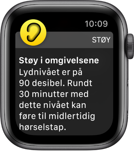 En støyvarsling om et lydnivå på 90 desibel. Nedenfor vises det en advarsel om langvarig eksponering for dette støynivået.