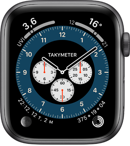 Kronograf Pro-urskiven som viser Takymeter-versjonen.