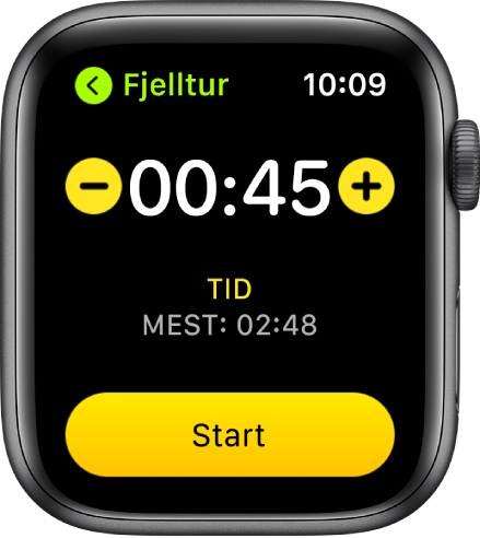Målskjermen, som viser tiden i øvre del, med – og + på hver side, og Start-knappen nederst.