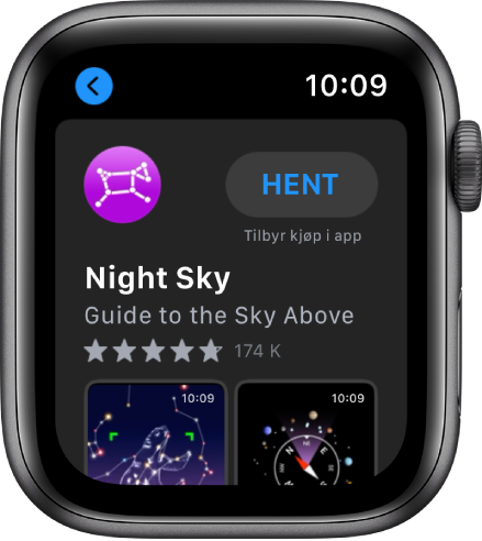 Apple Watch som viser App Store-appen. Det vises et søkefelt nær toppen av skjermen med en appsamling nedenfor.