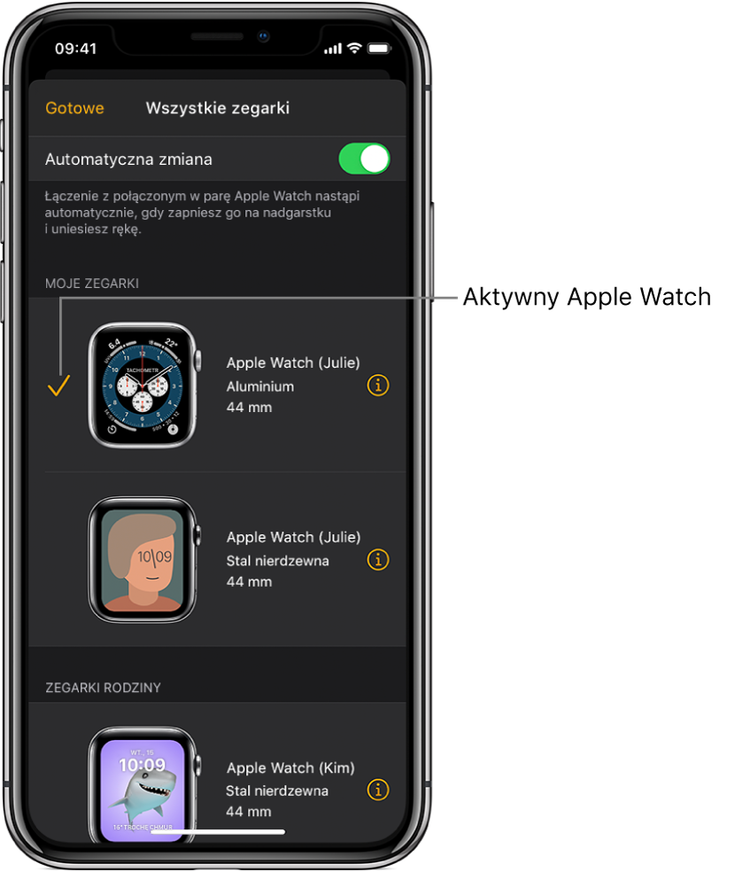 Ikona zaznaczenia na ekranie Wszystkie zegarki wskazuje, który Apple Watch jest aktywny.
