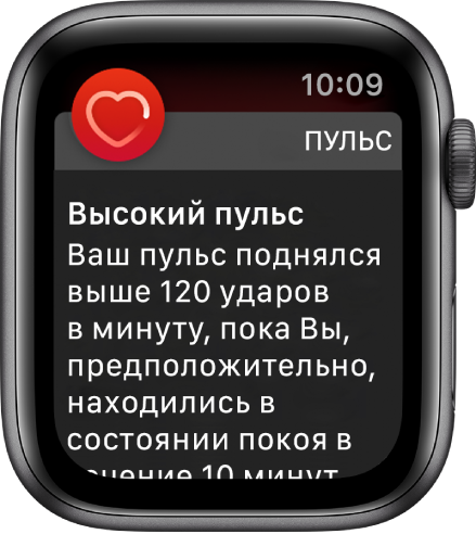 Экран «Высокий пульс» с уведомлением о том, что Ваш пульс превысил 120 ударов в минуту, хотя Вы находились в состоянии покоя в течение 10 минут.