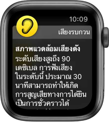 หน้าจอเสียงรบกวนที่แสดงระดับเดซิเบล 100 dB คำเตือนให้ระวังการรับฟังเสียงดังในระดับนี้เป็นเวลานานแสดงอยู่ด้านล่าง