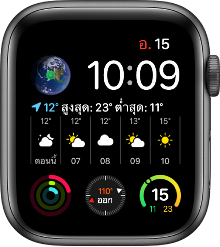หน้าปัดอินโฟกราฟโมดูลาร์ที่แสดงกลไกหน้าดหลายรายการโดยมีกลไกหน้าปัดโลกอยู่ที่ด้านซ้ายบนสุด กลไกหน้าปัดสภาพอากาศที่ทอดยาวอยู่ตรงกลางของหน้าปัดนาฬิกา และกลไกหน้าปัดย่อยสามหน้าปัดแสดงอยู่ตลอดแนวที่ด้านล่างสุด: กิจกรรม เข็มทิศ และอุณหภูมิอากาศ