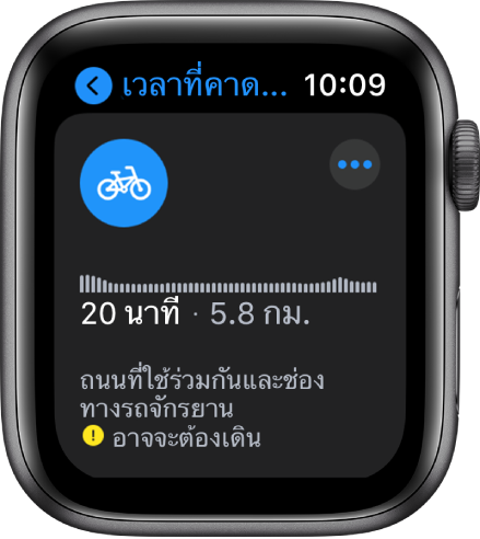 หน้าจอแผนที่ที่แสดงภาพรวมของเส้นทางปั่นจักรยาน ซึ่งรวมถึงการเปลี่ยนระดับความสูง เวลาเดินทางโดยประมาณ และระยะทาง