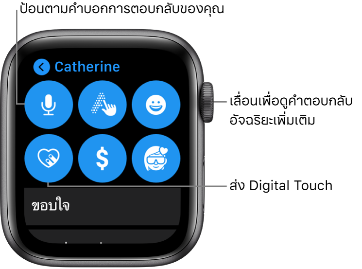 หน้าจอตอบกลับที่แสดงปุ่มป้อนตามคำบอก, ขีดเขียนข้อความ, อิโมจิ, Digital Touch, Apple Pay และ Memoji การตอบกลับอัจฉริยะอยู่ด้านล่าง หมุน Digital Crown เพื่อดูการตอบกลับอัจฉริยะ