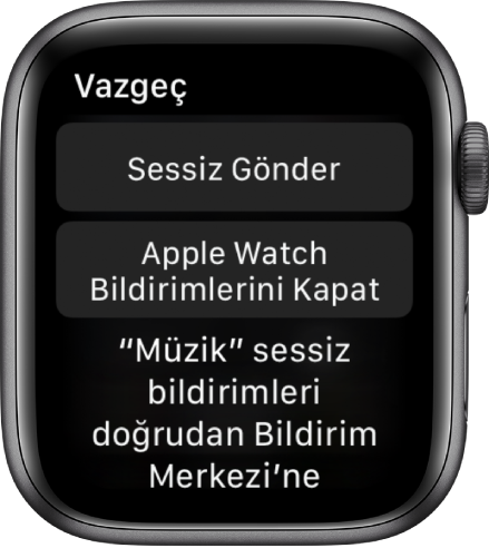 Apple Watch’taki bildirim ayarları. Üstteki düğmenin üzerinde “Sessiz Gönder”, alttaki düğmenin üzerinde “Bildirimleri Kapat: Apple Watch” yazar.