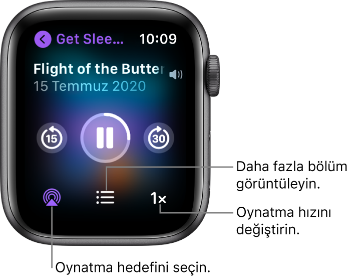 Şovun adı, bölüm adı, tarih, 15 saniye geriye atla düğmesi, duraklat düğmesi, 30 saniye ileri atla düğmesi, AirPlay düğmesi, bölümler düğmesi ve oynatma hızı düğmesi ile Podcast’lerdeki Şu An Çalınan ekranı.