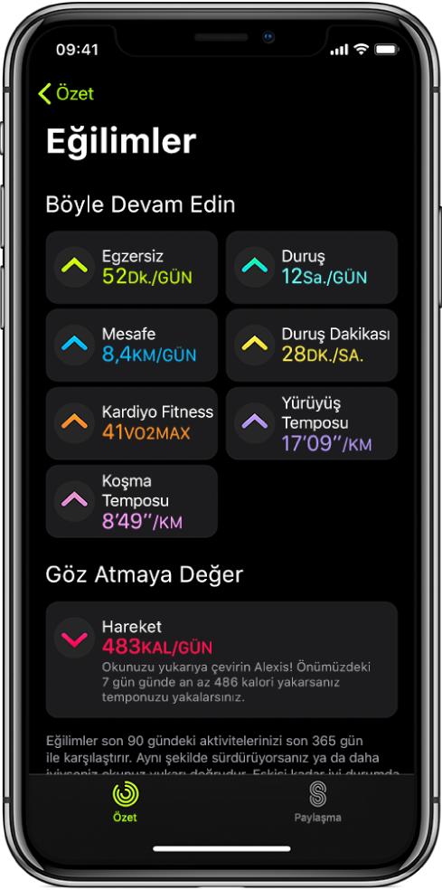 iPhone’daki Aktivite uygulamasında Trendler sekmesi. Ekranın üst tarafına doğru Trendler başlığı altında birkaç ölçü görünür. Ölçüler Egzersiz, Duruş, Mesafe vb. içerir. Bakmaya Değer başlığı altında hareket görünür.