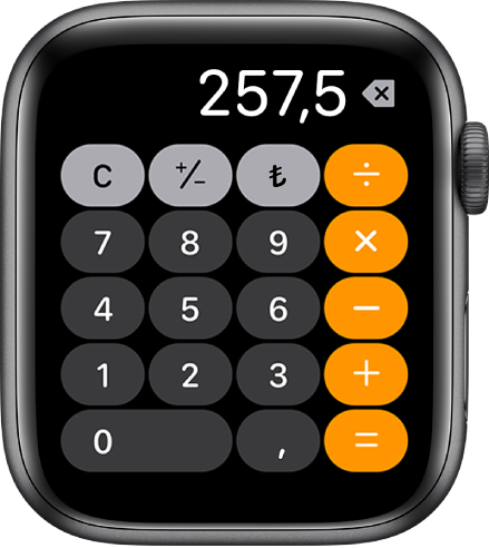 Hesap Makinesi uygulamasını gösteren Apple Watch. Ekran, sağda matematik fonksiyonları ile birlikte genel sayısal tuş takımını gösterir. Üstte C, artı veya eksi ve bahşiş düğmeleri bulunur.
