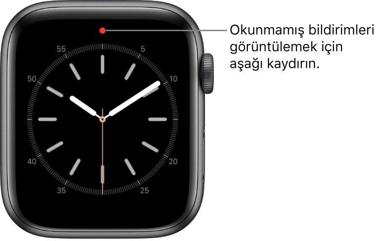 Okunmamış bir bildiriminiz olduğunda saat kadranının üst orta kısmında kırmızı bir nokta görünür.