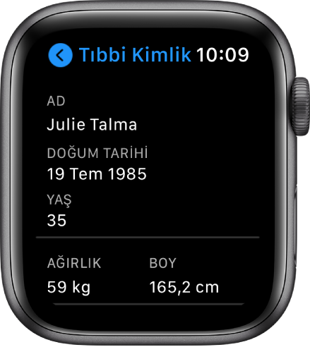 Kullanıcının adını, doğum tarihini, yaşını, ağırlığını ve boyunu gösteren Tıbbi Kimlik ekranı.