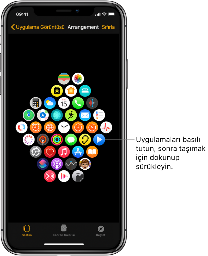Izgara görüntüsünde simgelerin gösterildiği Apple Watch uygulamasındaki Yerleşim ekranı.