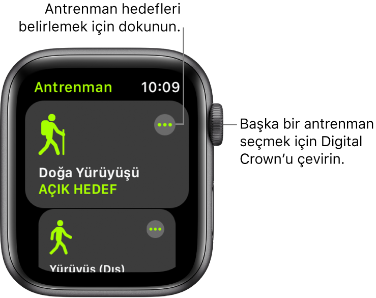 Doğa yürüyüşü antrenmanının vurgulandığı Antrenman ekranı. Daha Fazla düğmesi sağ üstte. Yürüyüş (Dış) antrenmanının bir kısmı da altta.