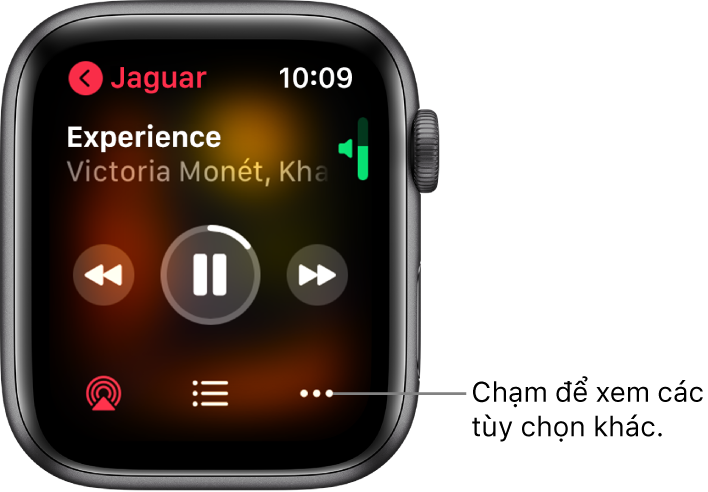 Màn hình Đang phát trong ứng dụng Nhạc. Tên album ở trên cùng bên trái. Tiêu đề bài hát và nghệ sĩ xuất hiện ở trên cùng, các điều khiển phát ở giữa, các nút AirPlay, danh sách bài và Tùy chọn ở dưới cùng.