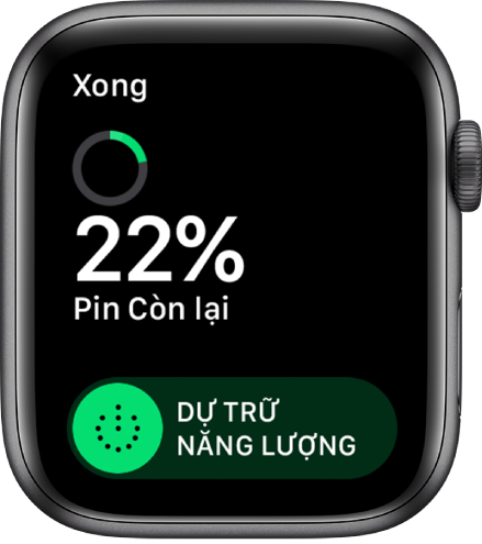 Màn hình Dự trữ năng lượng đang hiển thị nút Xong ở trên cùng bên trái, phần trăm pin còn lại và thanh trượt Dự trữ năng lượng.