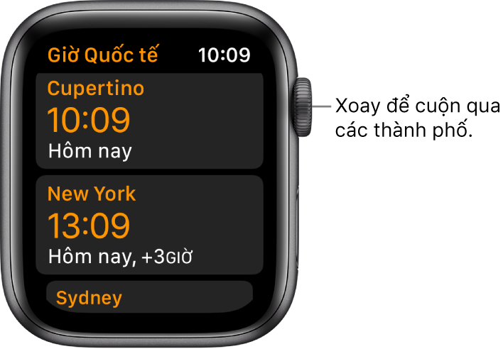 Ứng dụng Giờ quốc tế với danh sách các thành phố và thanh cuộn.