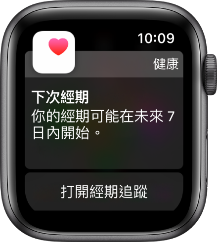 Apple Watch 顯示經期預測畫面,寫著「下次經期。你的月經可能會在未來 7 日內開始。」底部顯示「開啟經期追蹤」按鈕。