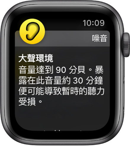 「噪音」螢幕顯示分貝數為 100 dB。下方顯示長期暴露於此音量的警告。
