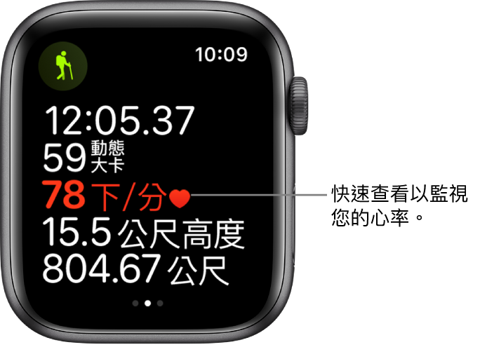 畫面顯示體能訓練統計資料,包含經過時間和心率。