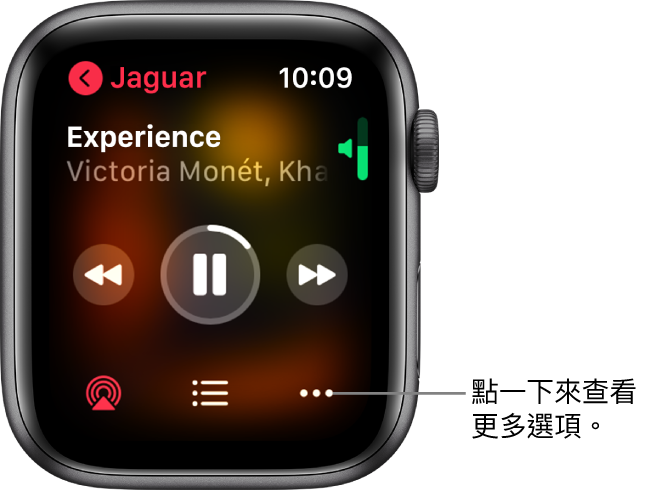 「音樂」App 中的「播放中」畫面。專輯名稱位於左上角。歌曲標題和演出者出現在頂部,中間是播放控制項目,而 AirPlay、曲目列表和「選項」按鈕位於底部。
