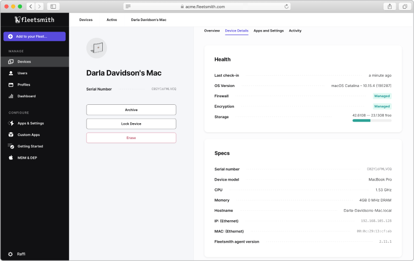 The Fleetsmith Admin Console showing a Mac being managed in the Fleetsmith Admin Console.