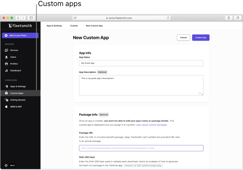 The Fleetsmith Admin Console showing Custom Apps selected in the sidebar.