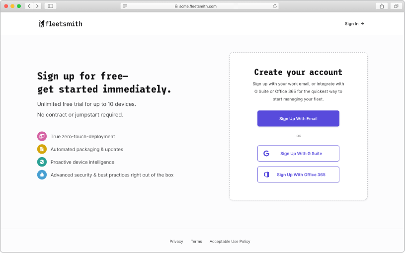 The Fleetsmith sign-up page, showing you can sign up with G Suite or Office 365.