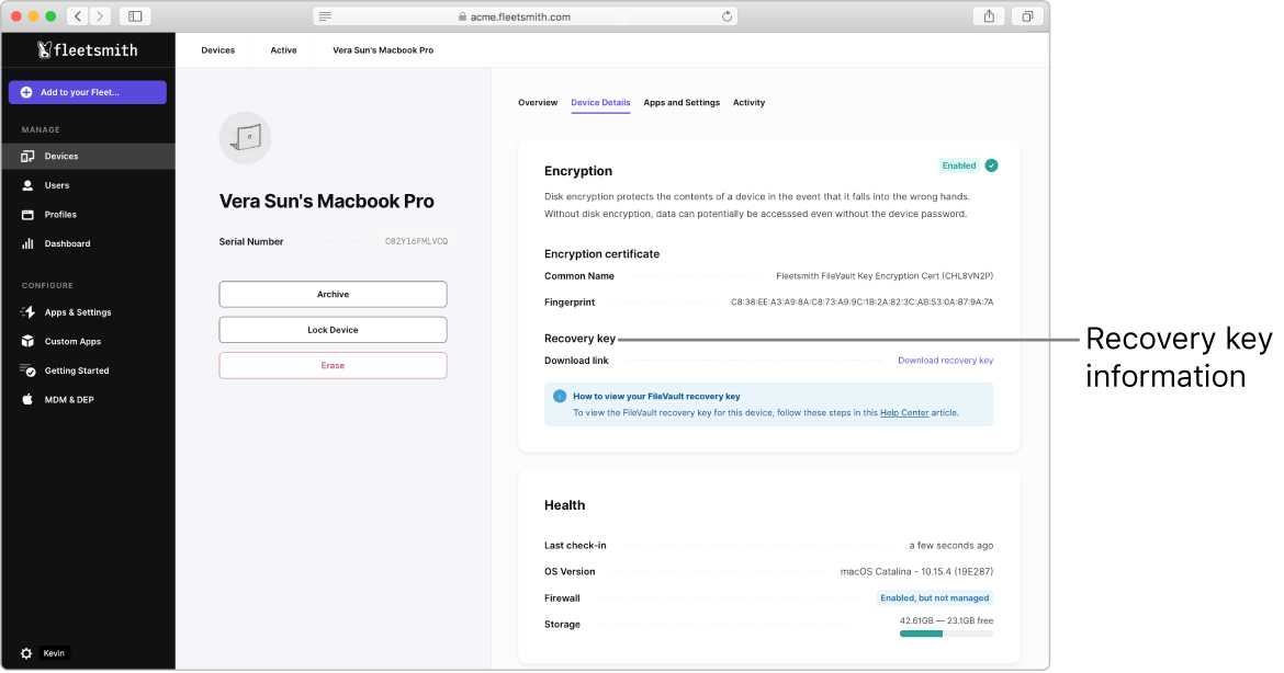 The Fleetsmith Admin Console showing FileVault Recovery Key information for a selected device.