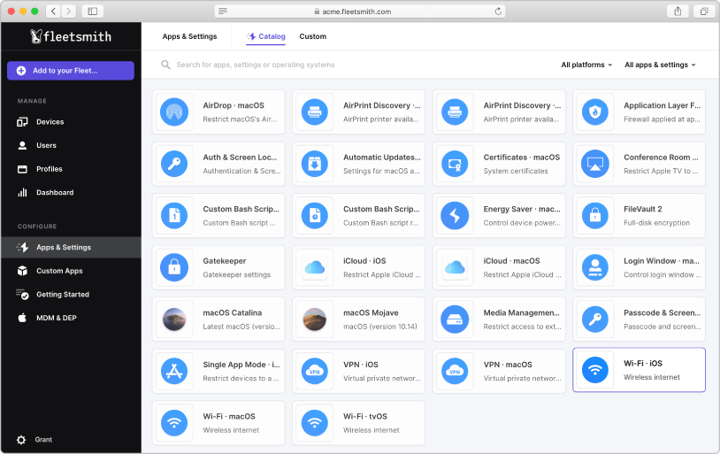 The Fleetsmith Admin Console showing many different management settings and the Wi-Fi setting selected.