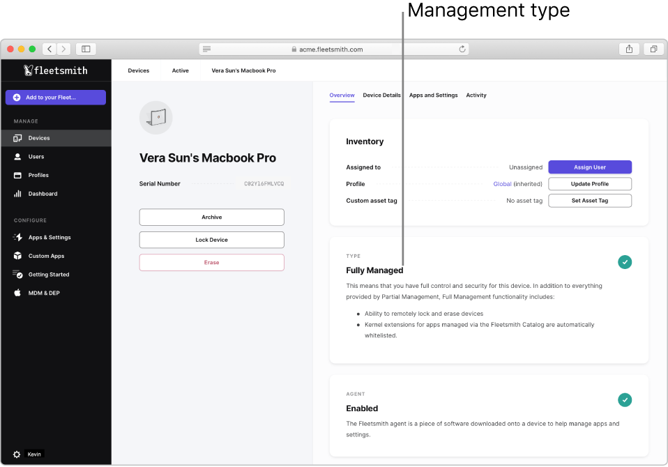 The Fleetsmith Admin Console showing a selected device as Fully Managed.