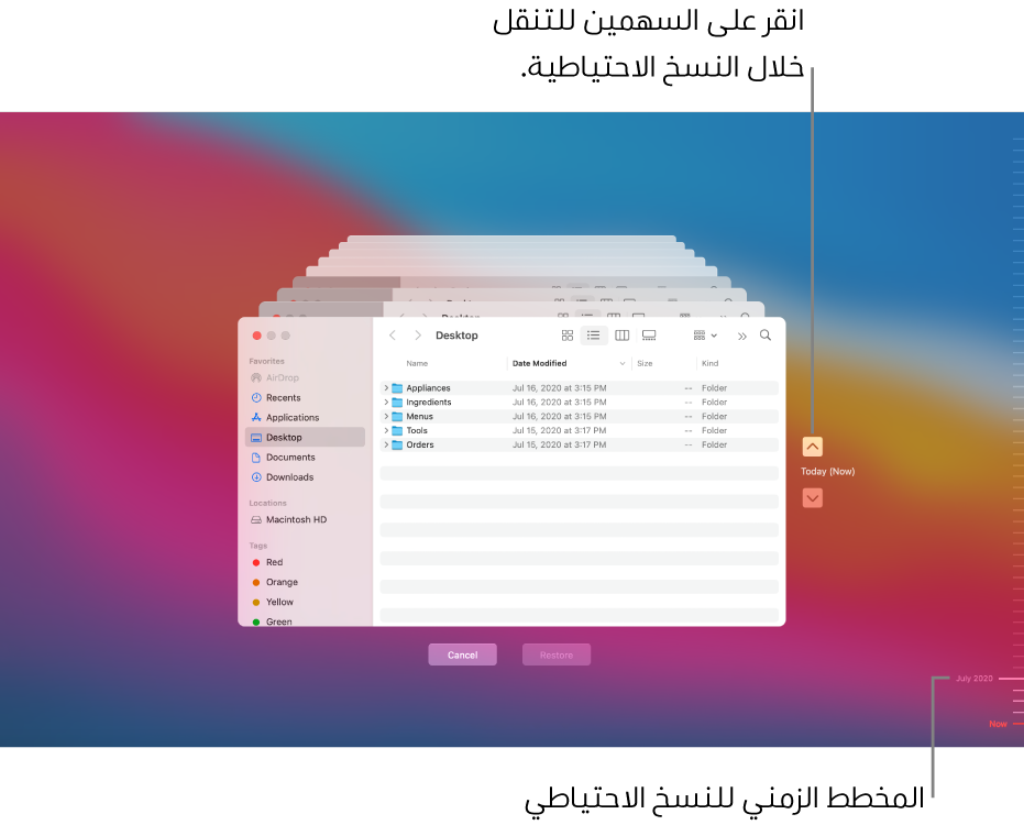عند فتح Time Machine، سوف ترى شاشة ضبابية بها شاشات Finder متعددة مكدَّسة لتمثيل النُسخ الاحتياطية. انقر على الأسهم للتنقل عبر النسخ الاحتياطية الخاصة بك (أو انقر في المخطط الزمني للنسخ الاحتياطي على اليمين)، واختر الملفات التي تريد استردادها.