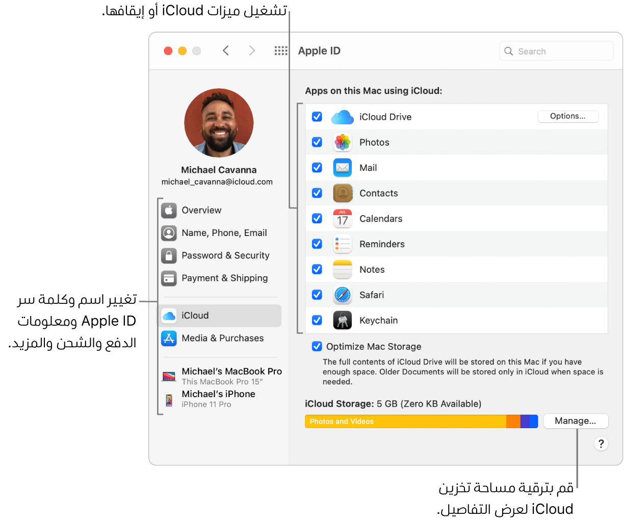 تفضيلات iCloud مع تحديد جميع الميزات.