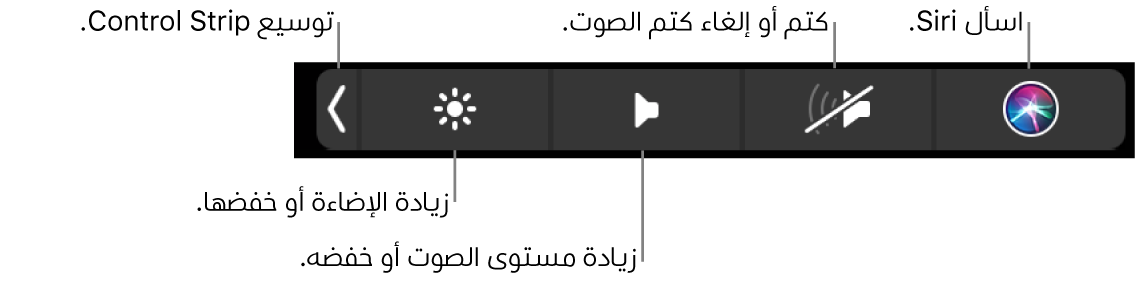 يتضمن الـ Control Strip المطوي أزرارًا—من اليسار إلى اليمين—لتوسيع الـ Control Strip، وزيادة أو خفض سطوع شاشة العرض ومستوى الصوت، وكتم أو إلغاء كتم الصوت، واسأل Siri.
