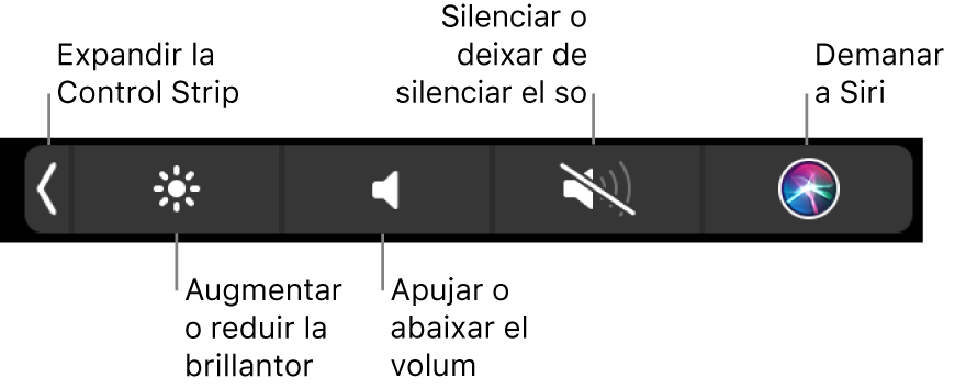 La Control Strip contreta inclou botons, d’esquerra a dreta, per ampliar la Control Strip, augmentar o reduir la brillantor de la pantalla i el volum, silenciar o activar el so i demanar a Siri.