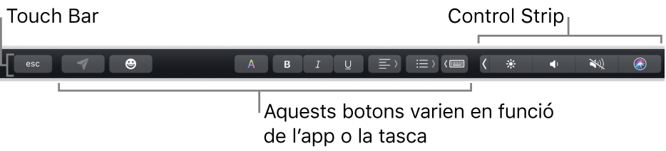 La Touch Bar, situada a la part superior del teclat, amb botons que varien segons l’app o la tasca, a l’esquerra, i la Control Strip contreta, a la dreta.