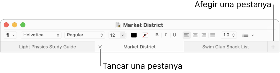 Una finestra del TextEdit amb tres pestanyes a la barra de pestanyes, situada a sota de la barra de format. Una de les pestanyes té un botó Tancar. El botó Afegir es troba a l’extrem dret de la barra de pestanyes.