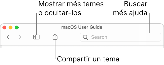 Una finestra d’ajuda, amb els botons de la barra d’eines que permeten mostrar o ocultar la taula de continguts, compartir un tema i el camp de cerca per buscar temes.