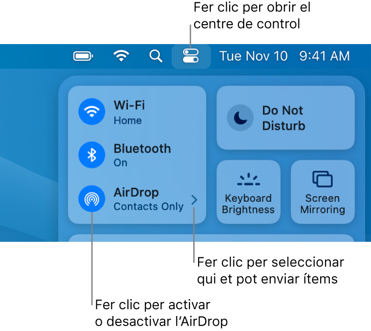 Una finestra del centre de control on es poden veure els controls per activar o desactivar l’AirDrop i seleccionar qui et pot enviar ítems.