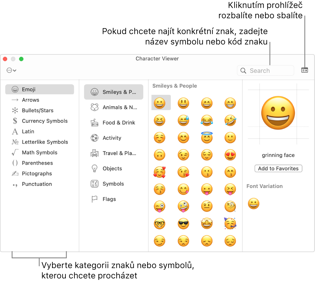 Okno Prohlížeč znaků. Nalevo vyberte kategorii pro procházení znaků a symbolů. Konkrétní znak můžete vyhledat tak, že do pole hledání zadáte kód nebo název symbolu. Prohlížeč můžete rozbalit nebo sbalit kliknutím v pravém horním rohu.