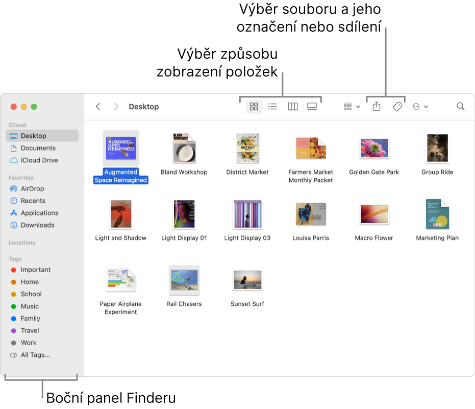 Okno Finderu s bočním panelem Finderu vlevo. Nahoře v okně jsou vidět čtyři tlačítka, jejichž popisky se mění podle způsobu zobrazení položek v okně, a také další tlačítka pro uspořádání a sdílení položek